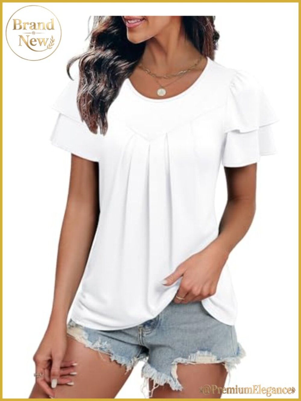 Ruffle Short Sleeve Pleated Front Tunic Blouse Crewneck Casual Summer Top